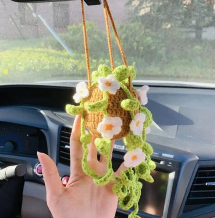 Green and white knitted wool succulent car ornament with 8cm base and hanging cord