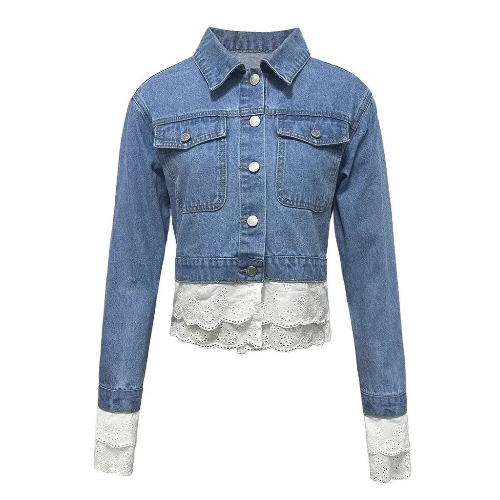 Blue denim jacket with lace stitching decoration, long sleeves, adult lady style
