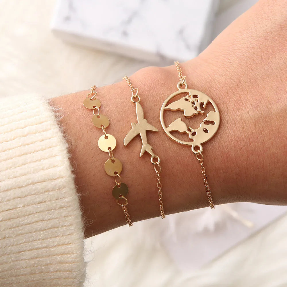 Three-piece women's bracelet set with aircraft map heart charms in bohemian style