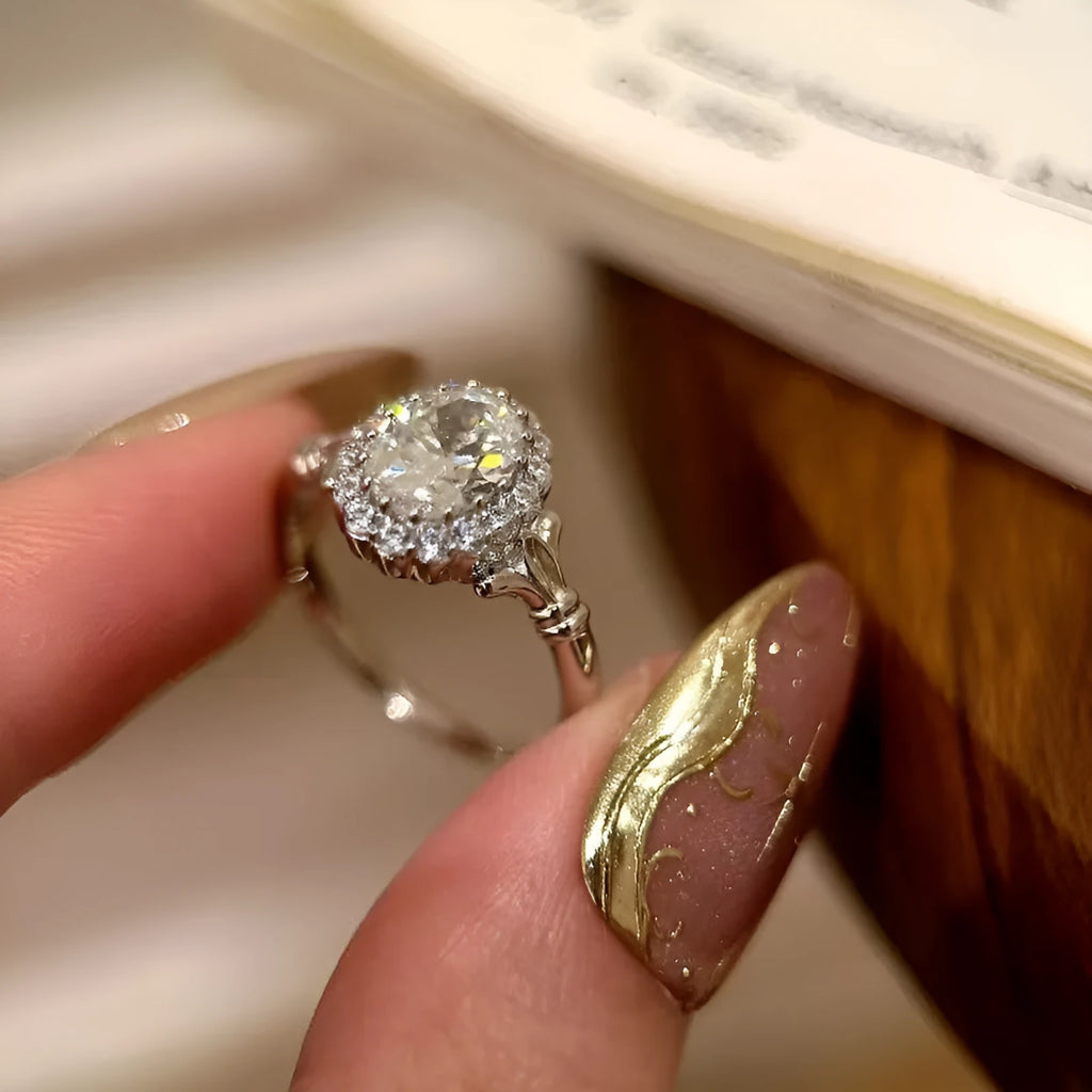 Silver adjustable opening geometric ellipse bridal bouquet ring with diamond treatment