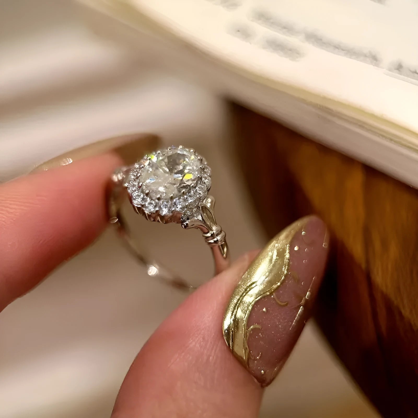 Silver adjustable opening geometric ellipse bridal bouquet ring with diamond treatment