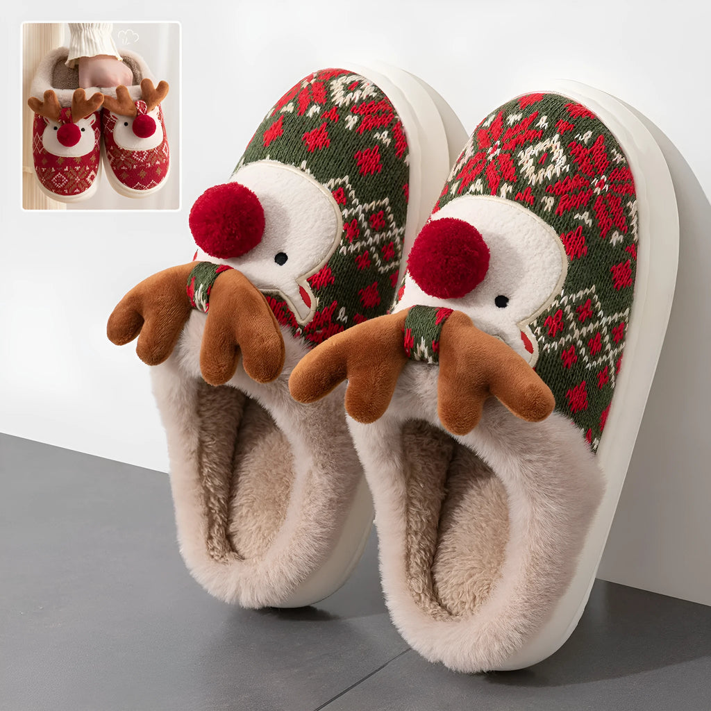 Cute Christmas elk plush slippers in red with colour block embroidery design