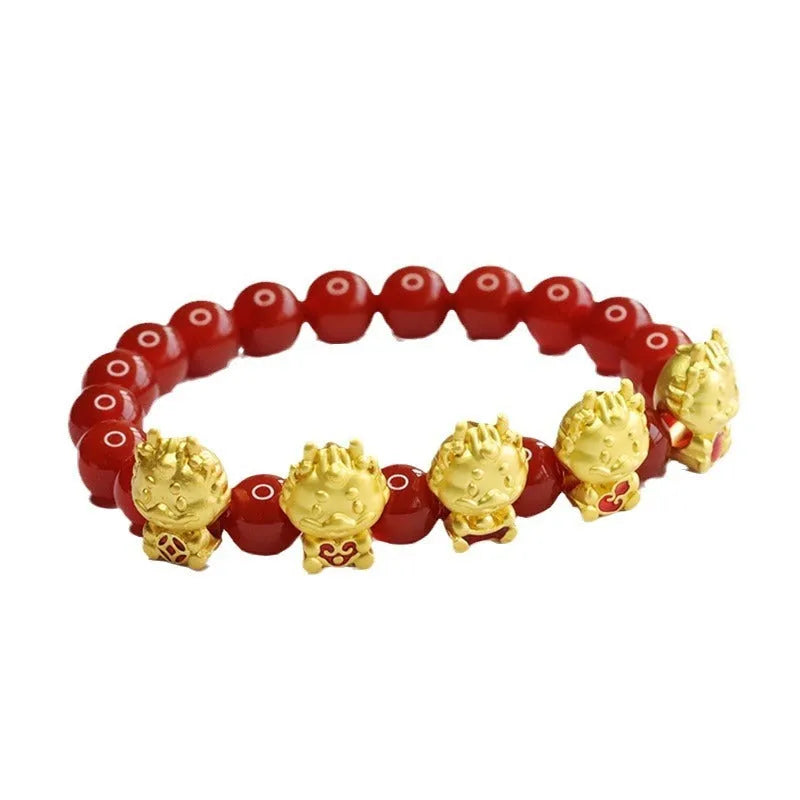 Red agate bracelet with carved Chinese dragon pattern on 8mm beads