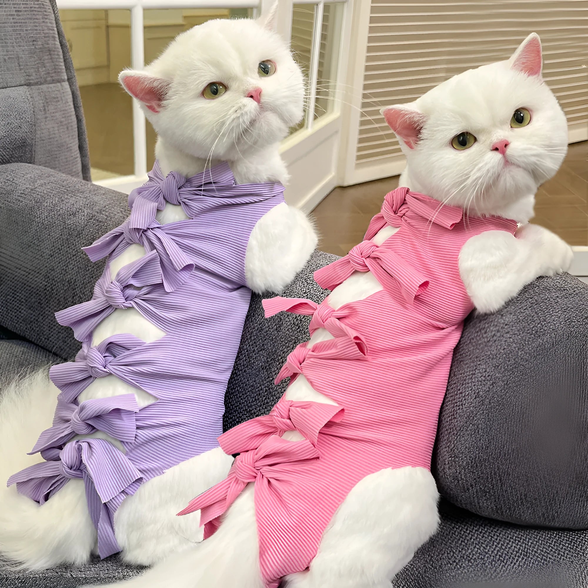 Lace-up polyester cat sterilisation clothing in multiple colours on size chart for 1.5kg to 9kg pets.