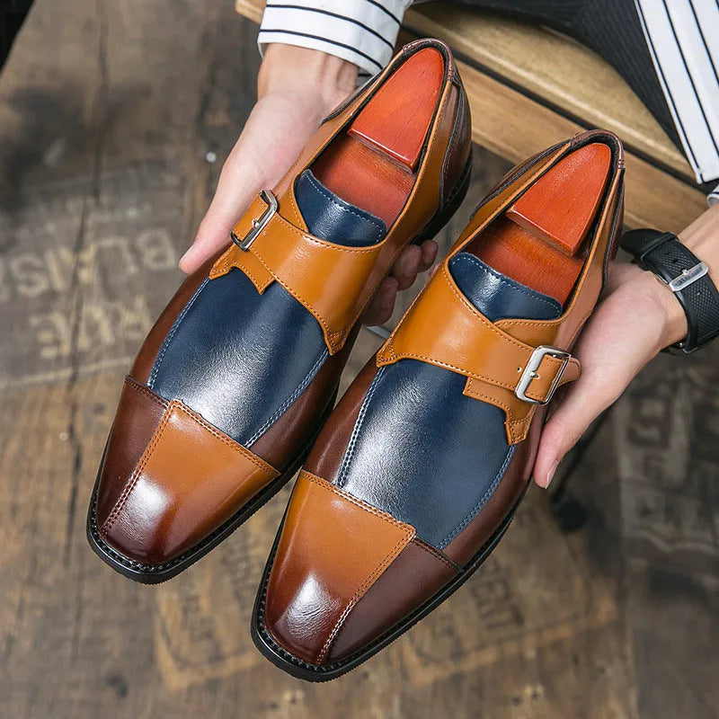 Men's brown-blue retro buckle casual shoes with a tall crown upper.