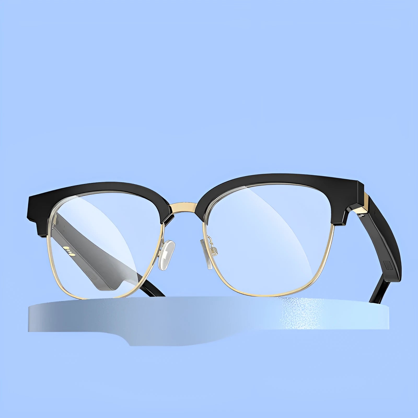 F1 Black Technology Bluetooth glasses with gold frame gradient colour, directional audio headset, and anti-blue ray lenses