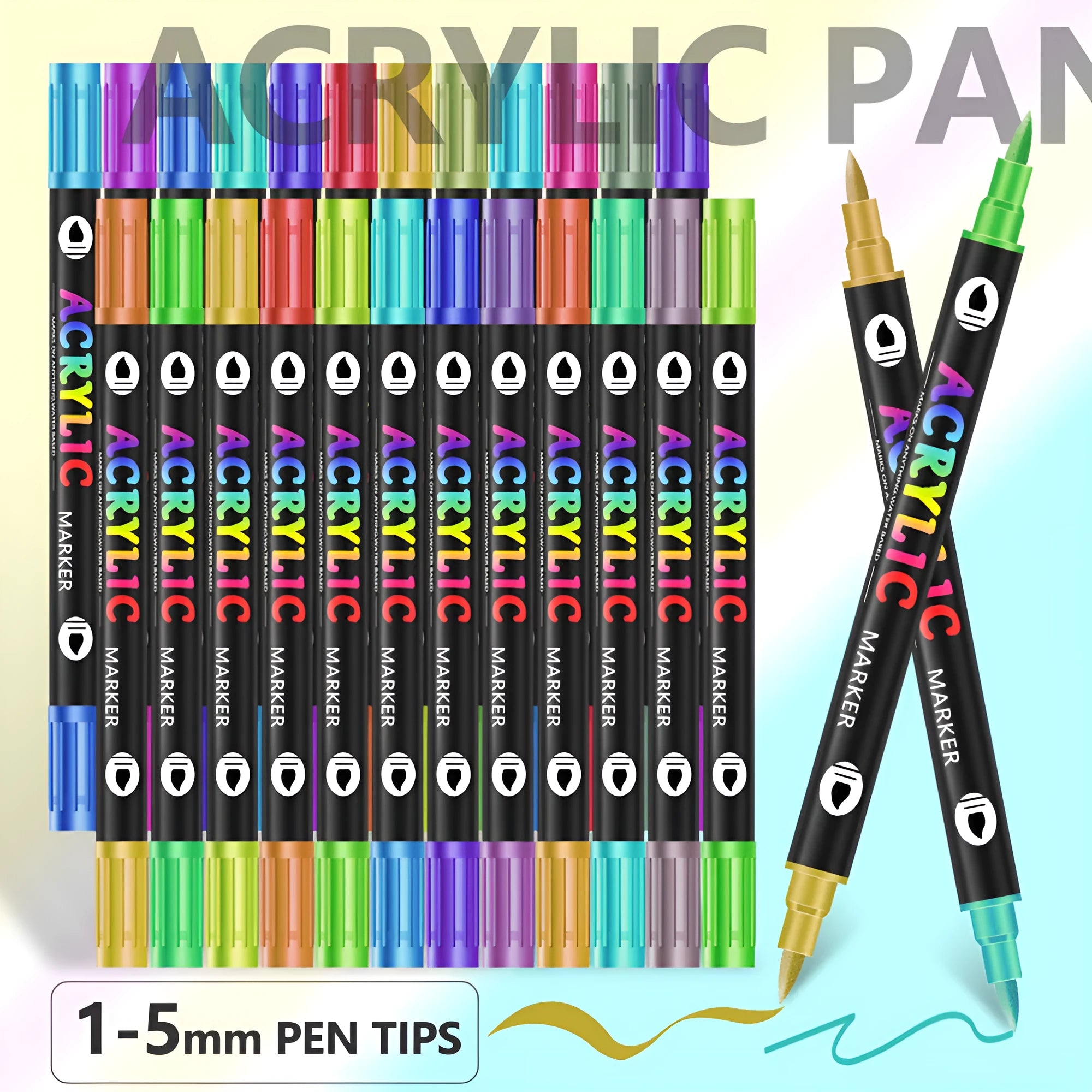 Set of double-headed washable acrylic marker pens with fine and broad tips in multiple colours
