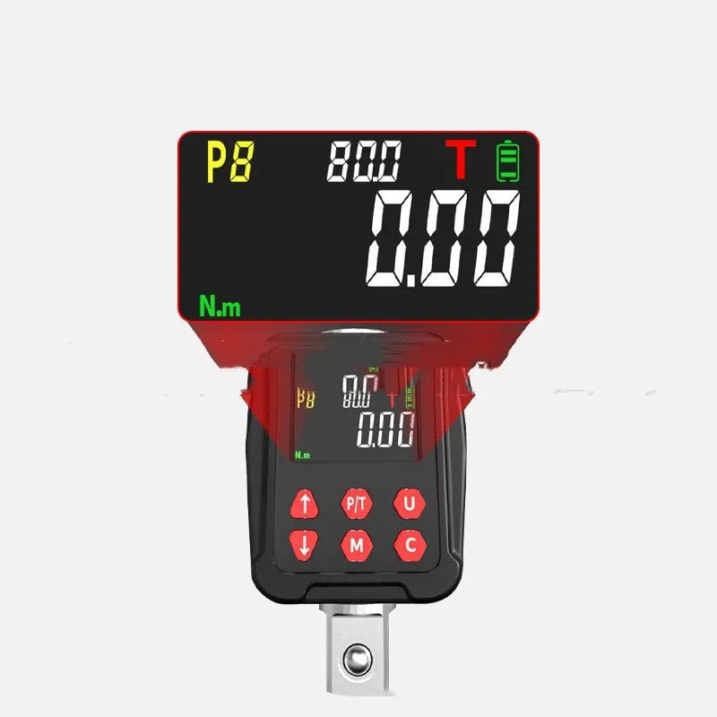 Digital torque meter with 1/2 inch square drive head and LCD display, part of a three-piece metal tool set.
