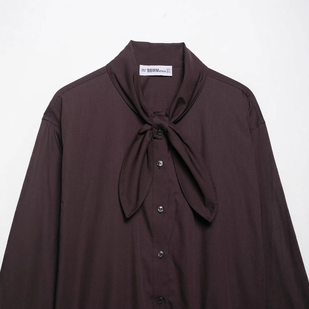 Brown women's poplin shirt with built-in bow tie scarf in loose cardigan style