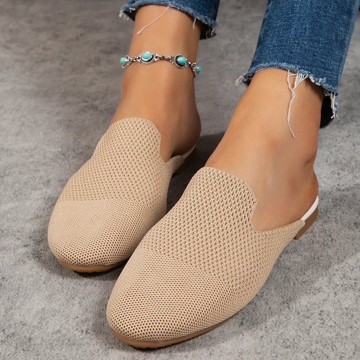 Women's blue mesh slip-on sandals with round toe and flat rubber sole