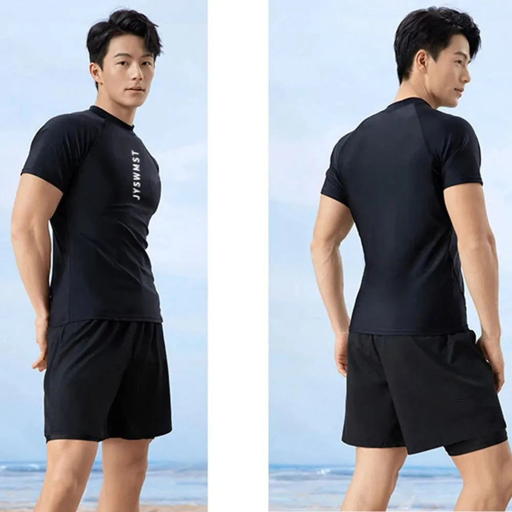 Men's patterned polyester swimsuit set on a mannequin, showing the top and trousers.