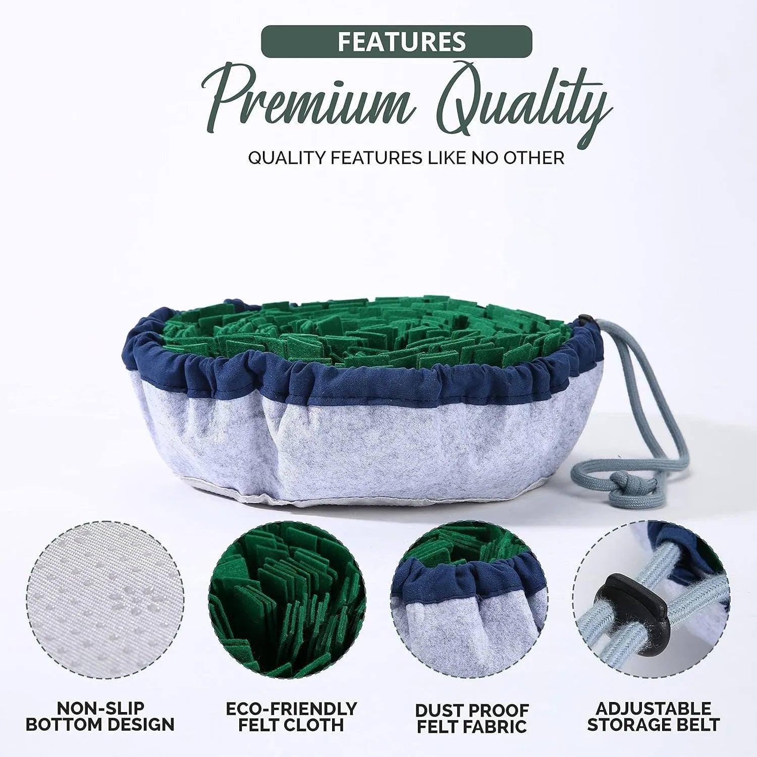 Blue adjustable dog snuffle mat with suction cups, used as a puzzle feeder for slow eating and mental stimulation.