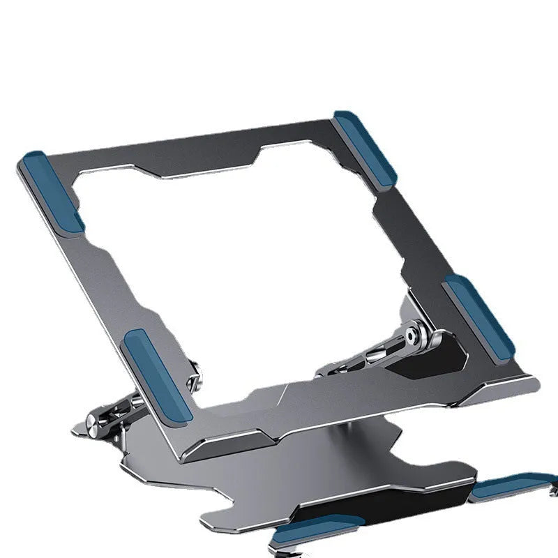 Grey aluminium adjustable laptop stand holding a silver laptop on a wooden desk.
