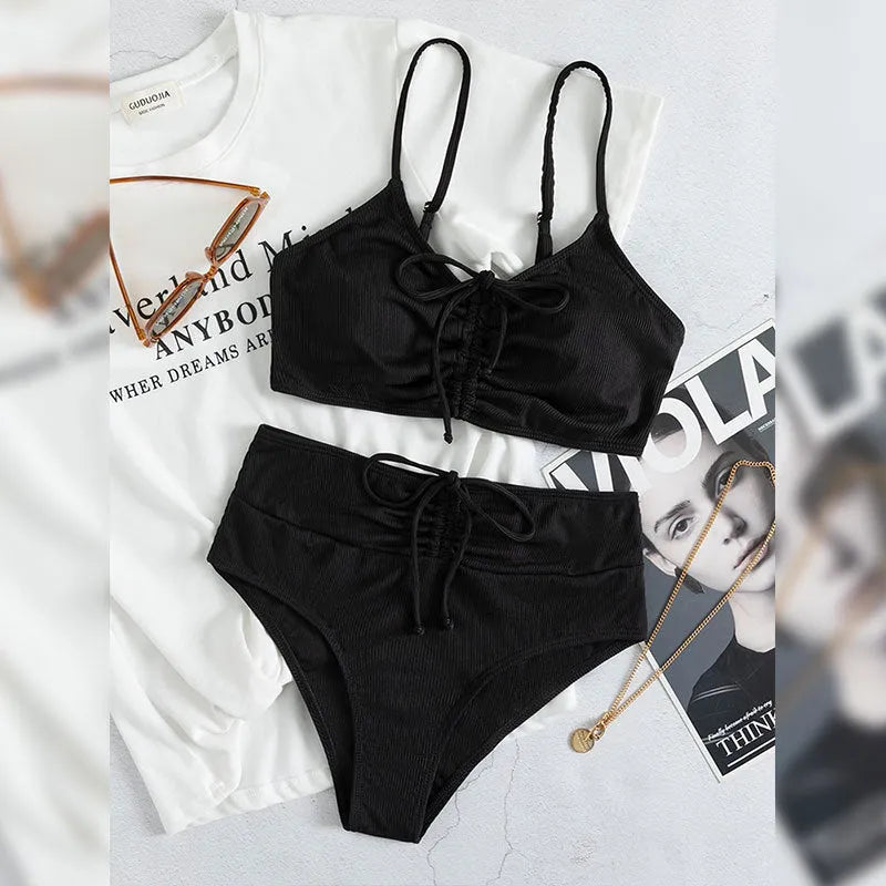 Black women's high waist bikini swimsuit with sling-split design and sleeveless top