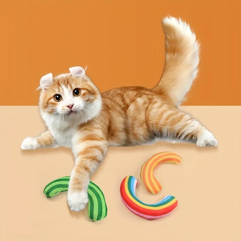Set of four striped pattern cat pillow toys measuring 23cm by 20cm with catnip filling