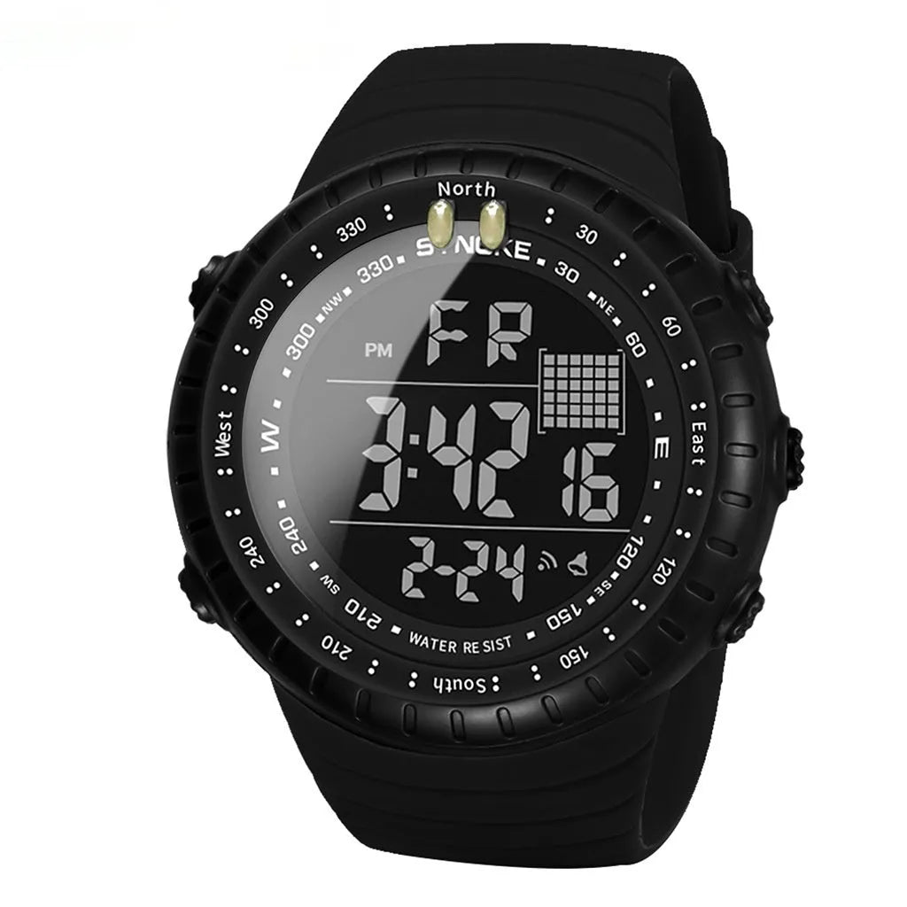 Men's black waterproof electronic watch with plastic case and adjustable PU strap