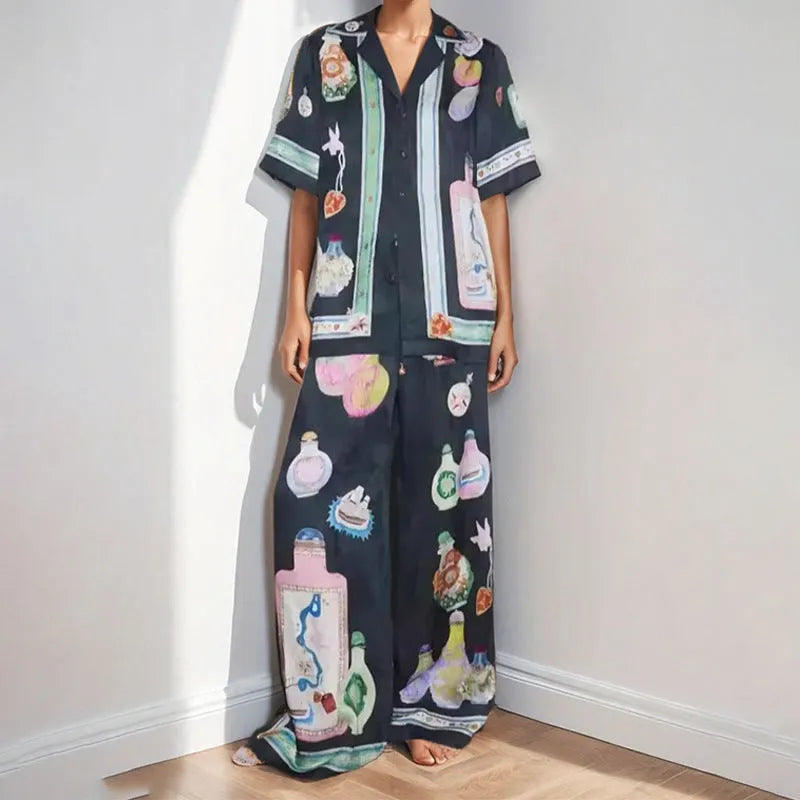 Black women's cardigan and trousers set with cartoon pattern in sizes S M L XL 2XL 3XL
