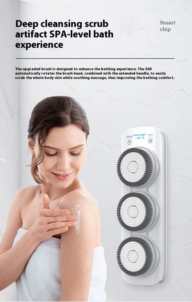Gray electric bath rubbing machine wall-mounted with three nylon brush heads and washboard