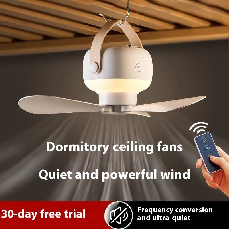 White rechargeable ceiling camping fan with remote control and mounting strap on a 3m wire bracket.