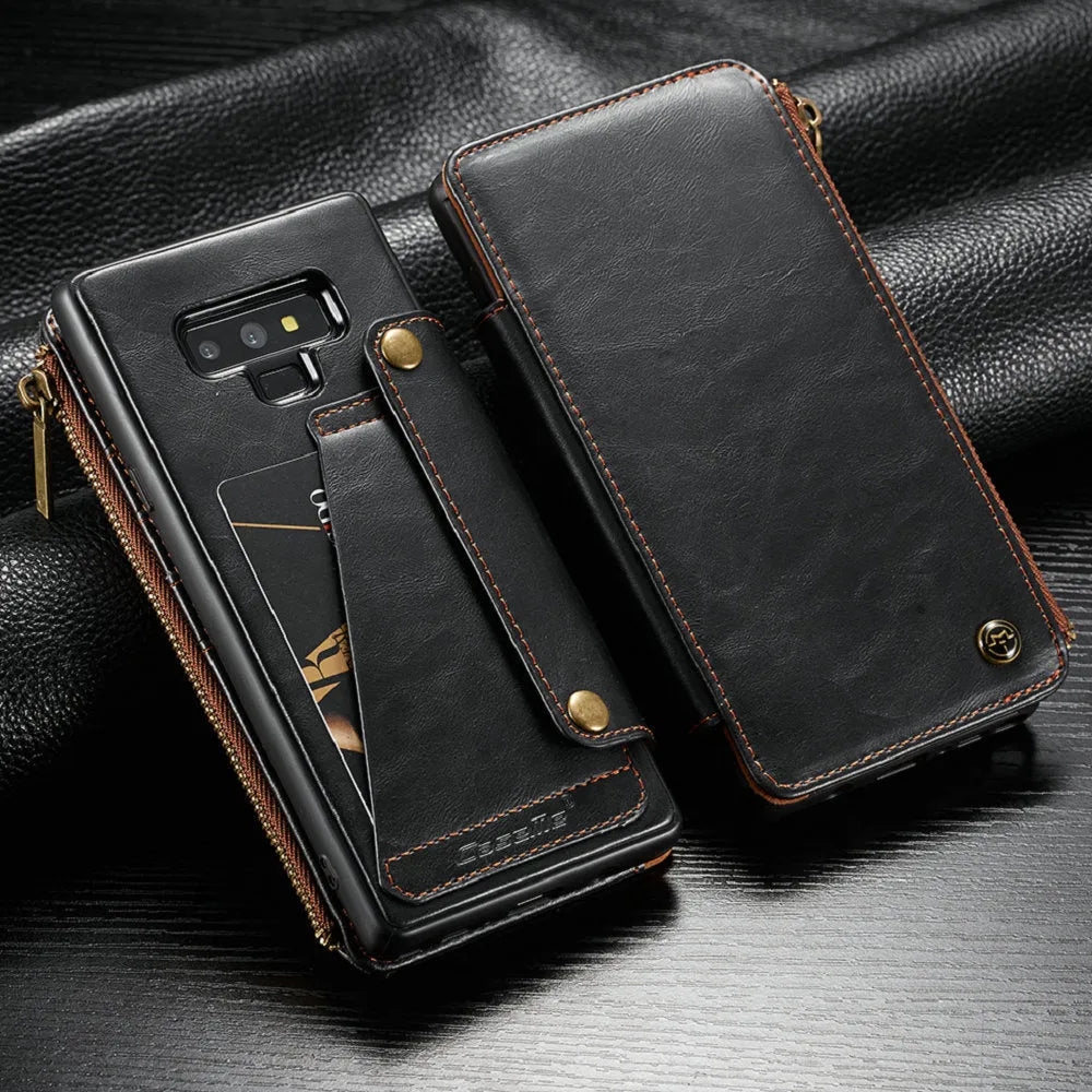 Samsung Galaxy Note 9 PU leather flip phone case in black, brown and red colours