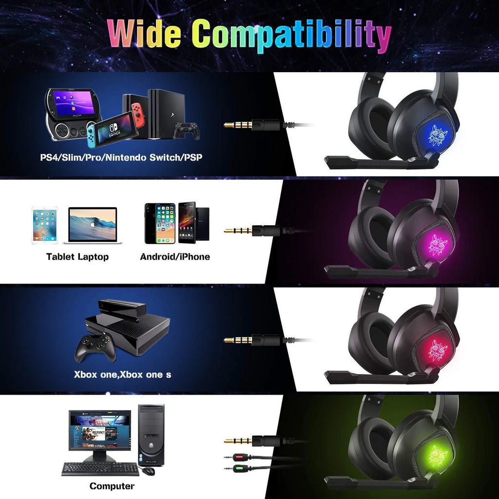 ONIKUMA K19 over-ear RGB gaming headset with 50mm drivers and omnidirectional microphone on a desk