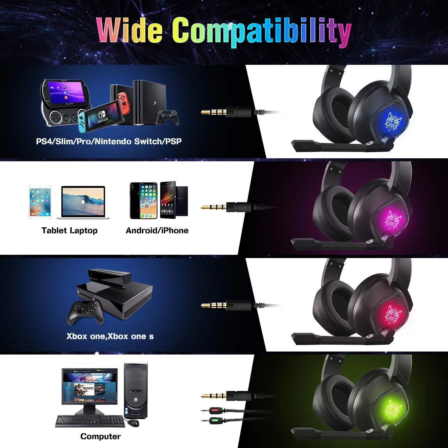 ONIKUMA K19 over-ear RGB gaming headset with 50mm drivers and omnidirectional microphone on a desk