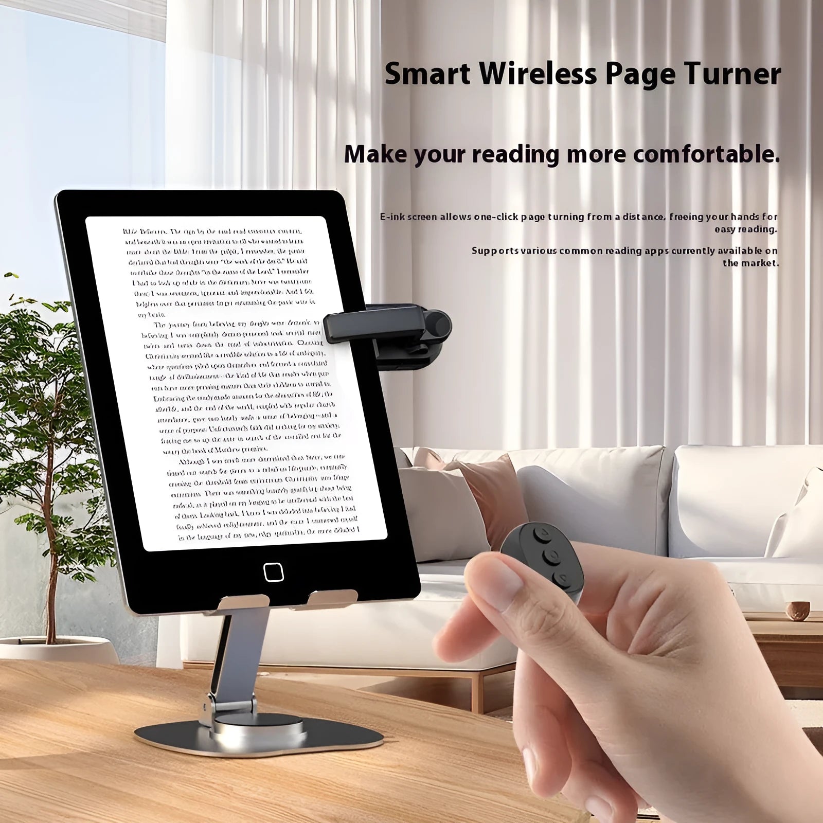Smart wireless page turner remote control with clicker accessory in black, white, or pink colour.