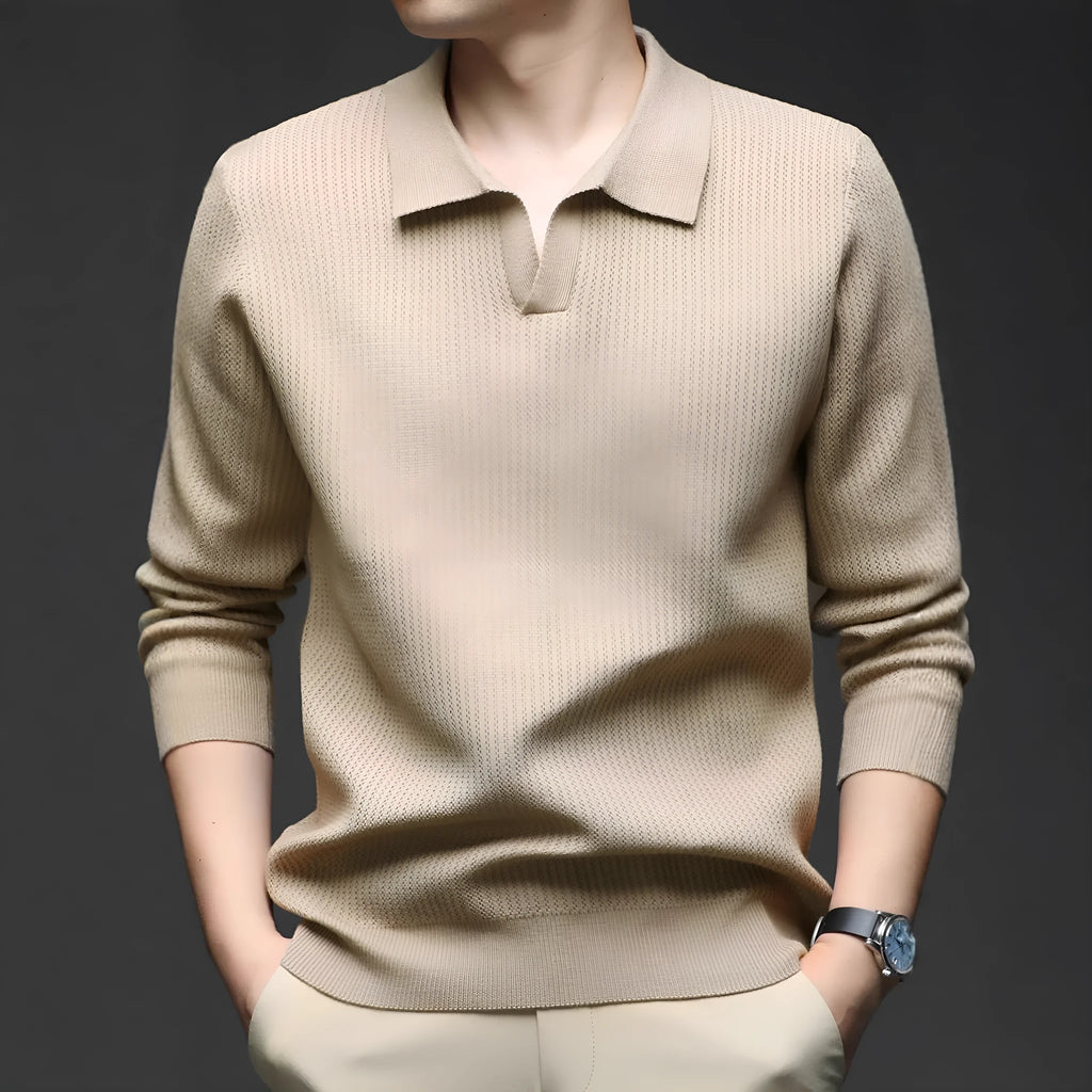 Men's loose-fit casual pullover sweater in autumn colours on hanger