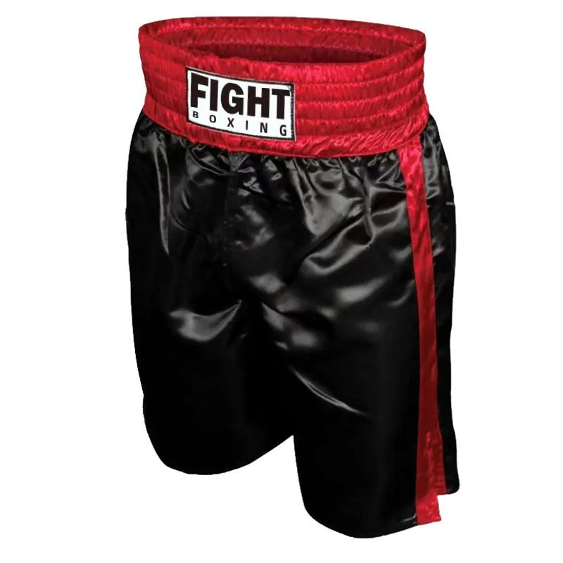 Boxing shorts for kickboxing in black and gold colour combination on a size chart.