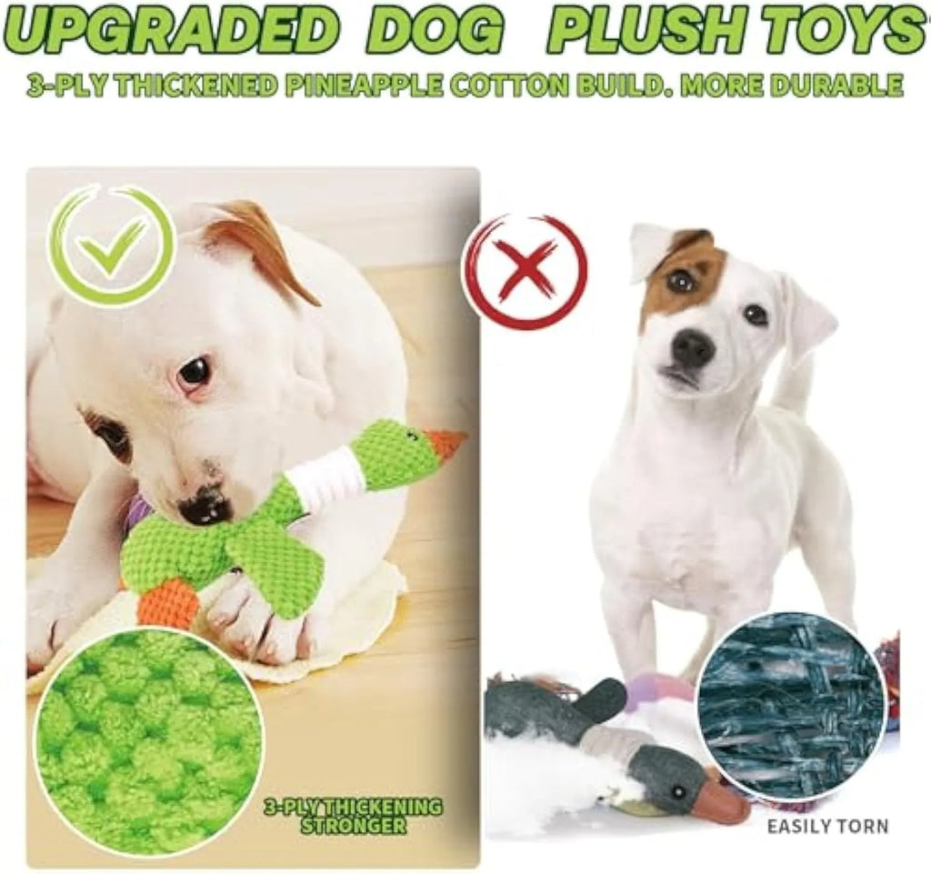 Blue durable plush duck dog toy with two squeakers for chew and fetch play.