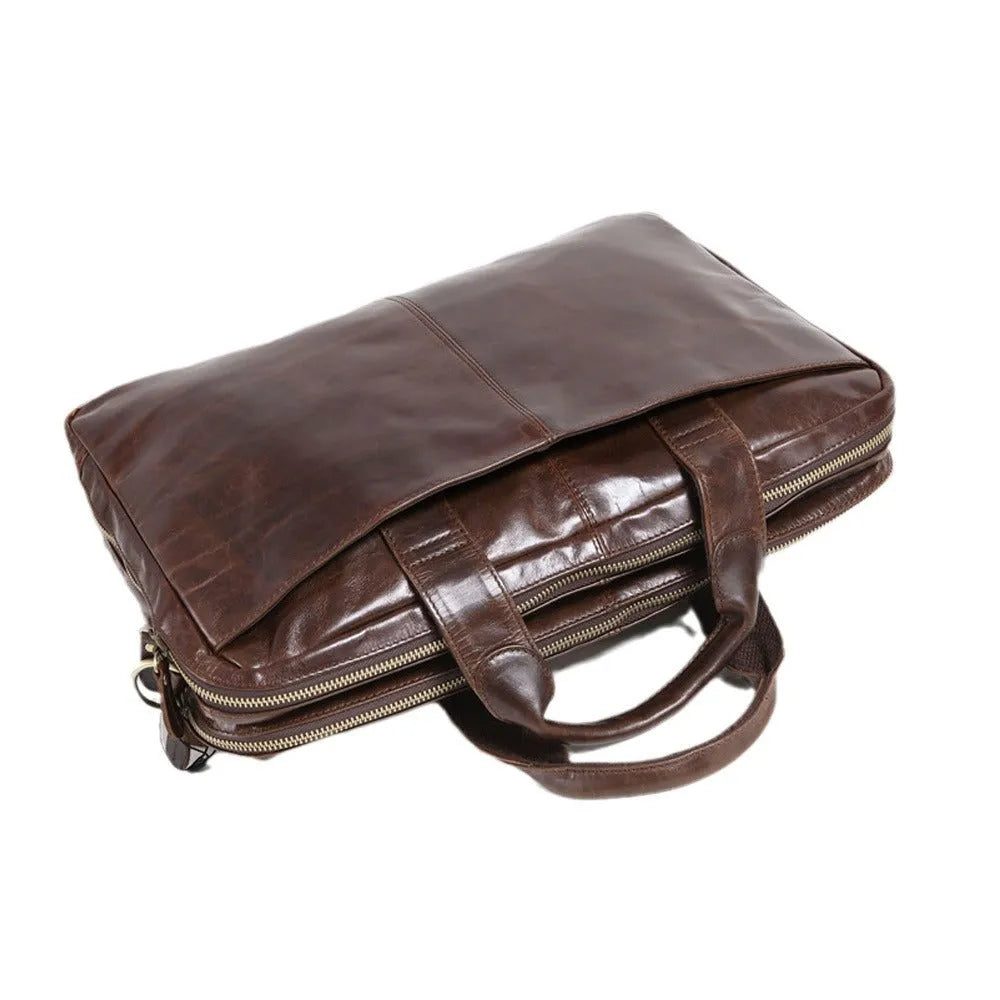 Brown cowhide leather business briefcase with 18-inch size for laptop and document organisation