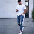 Men's deep blue cotton jeans with distressed holes, showing front and back views