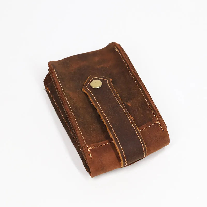 Crazy Horse leather key case in dark brown with keys inserted, measuring 7 cm by 11.5 cm