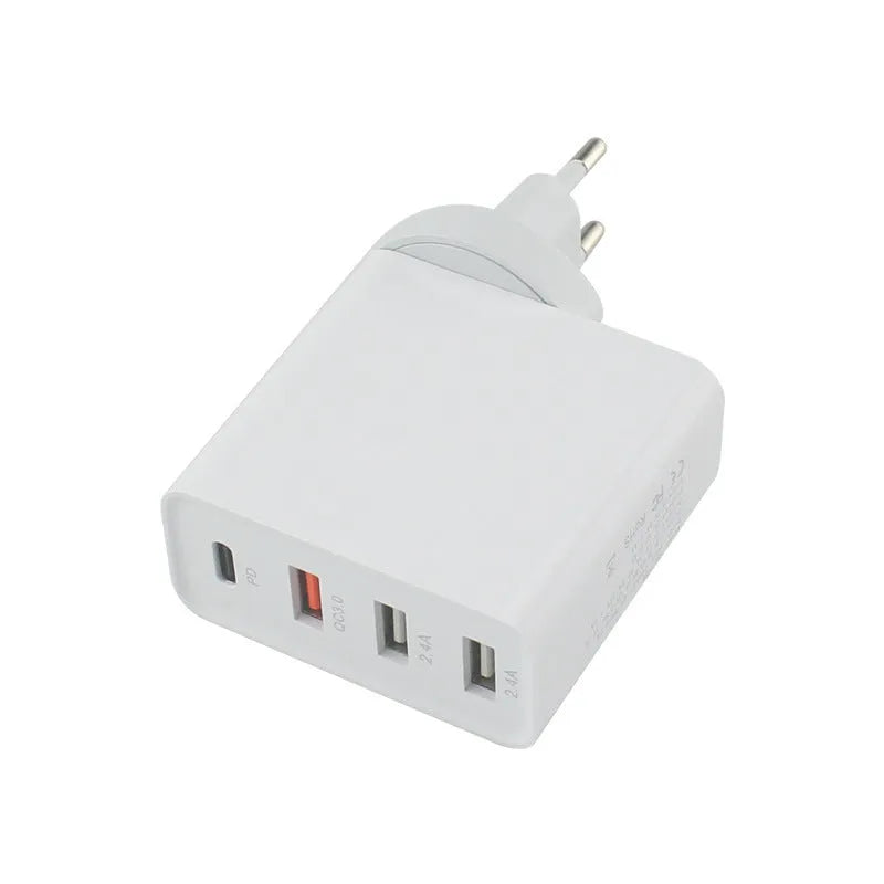 Black 48W four-port USB-C charger with UK plug for multiple device charging