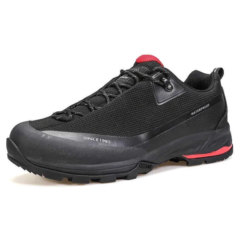 Men's low-top mountain climbing shoes in black with non-slip rubber soles and lace-up front closure