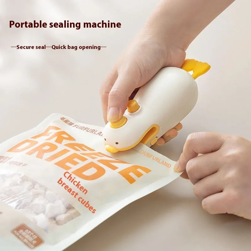 Small yellow duck themed rechargeable sealing machine with animal jacquard design and USB charging cable