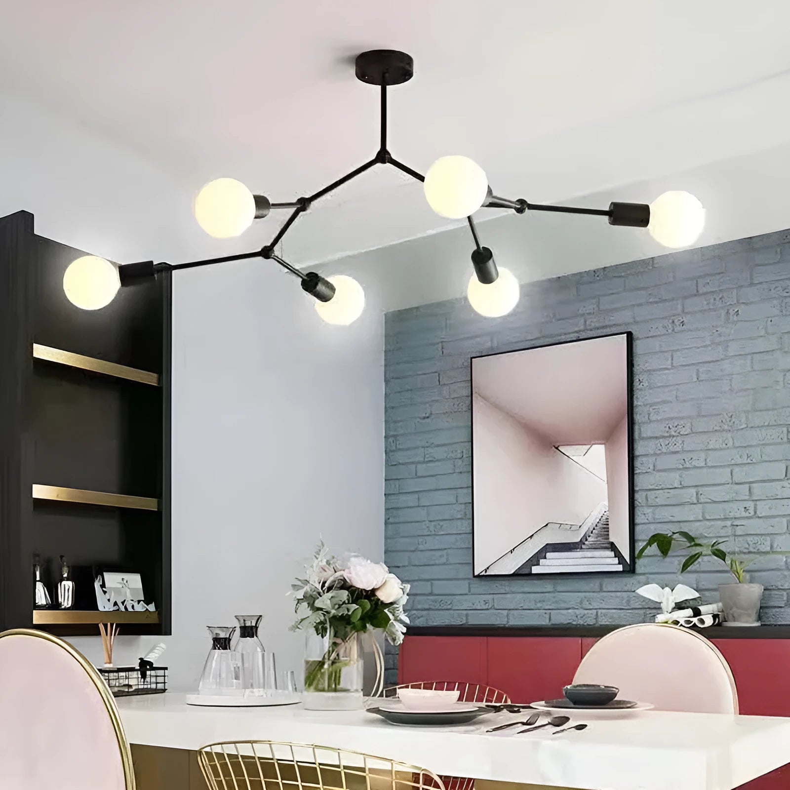 Iron chandelier ceiling lamp with Nordic design in black or white, showing 3-head, 4-head, and 6-head options.