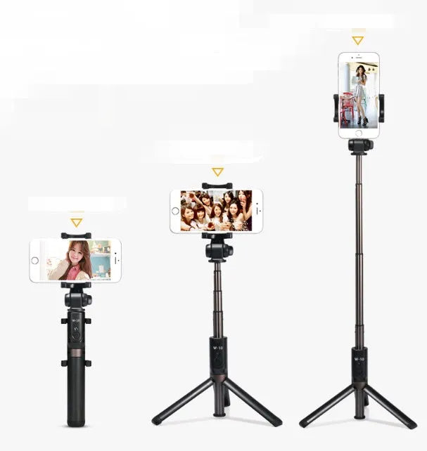 Black Bluetooth selfie stick with tripod bracket extended showing phone clamp and remote control