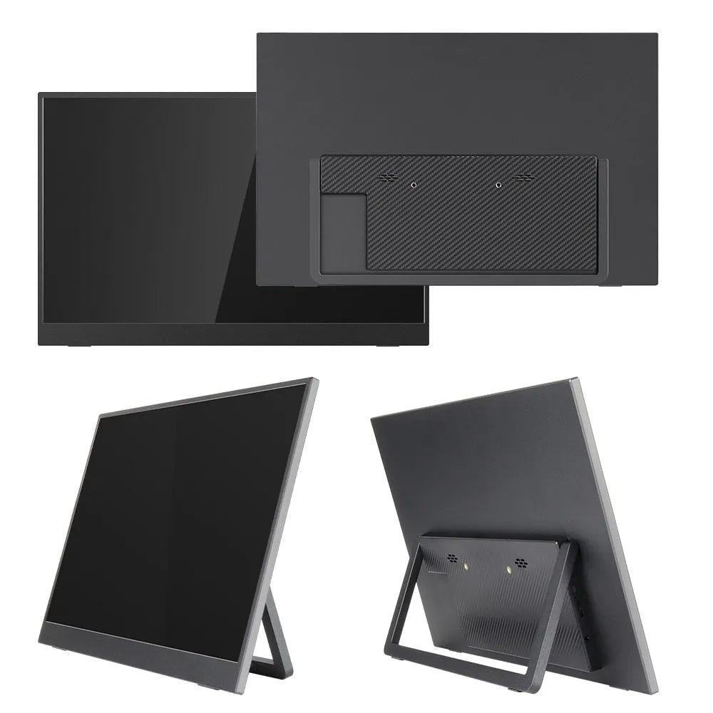 Black 15.6-inch portable monitor with adjustable stand showing Full HD display with office application