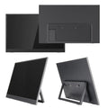 Black 15.6-inch portable monitor with adjustable stand showing Full HD display with office application