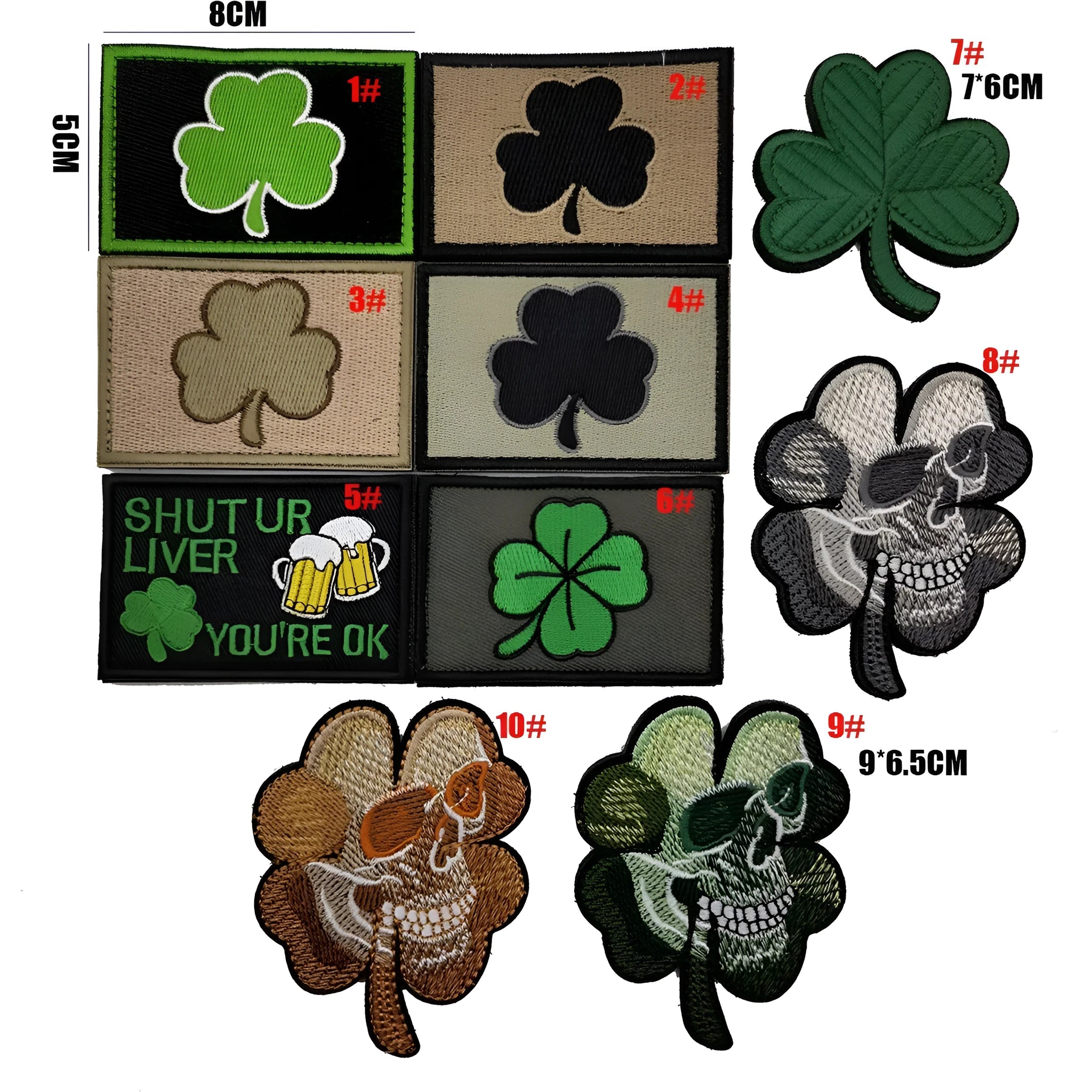 Embroidered fabric badge with Velcro backing showing detailed clover leaf pattern in green thread