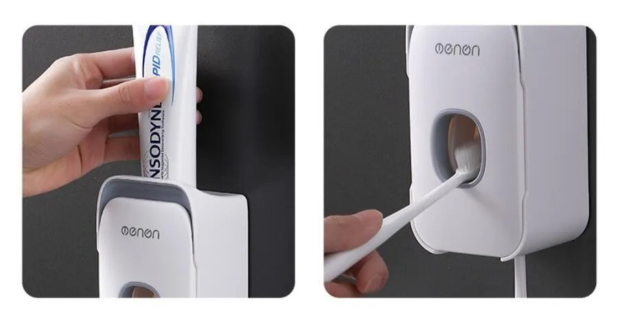 Automatic toothpaste dispenser in ABS plastic with suction cup wall mount in blue, grey, and pink colour options