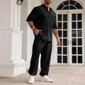 Men's casual cotton linen button short-sleeved shirt and trouser set in three colour options