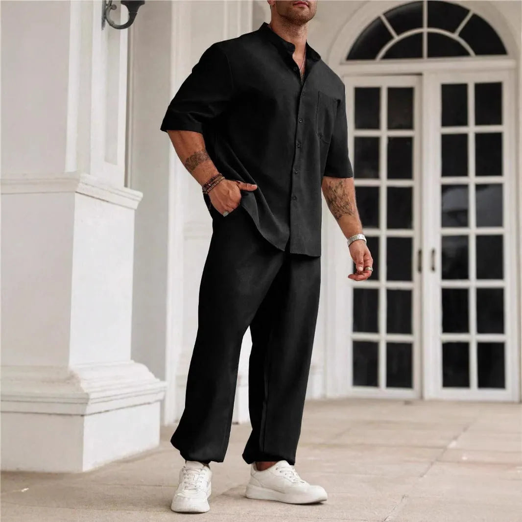 Men's casual cotton linen button short-sleeved shirt and trouser set in three colour options
