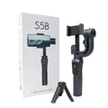 Black three-axis handheld gimbal stabilizer for mobile phones showing PTZ unit and handle