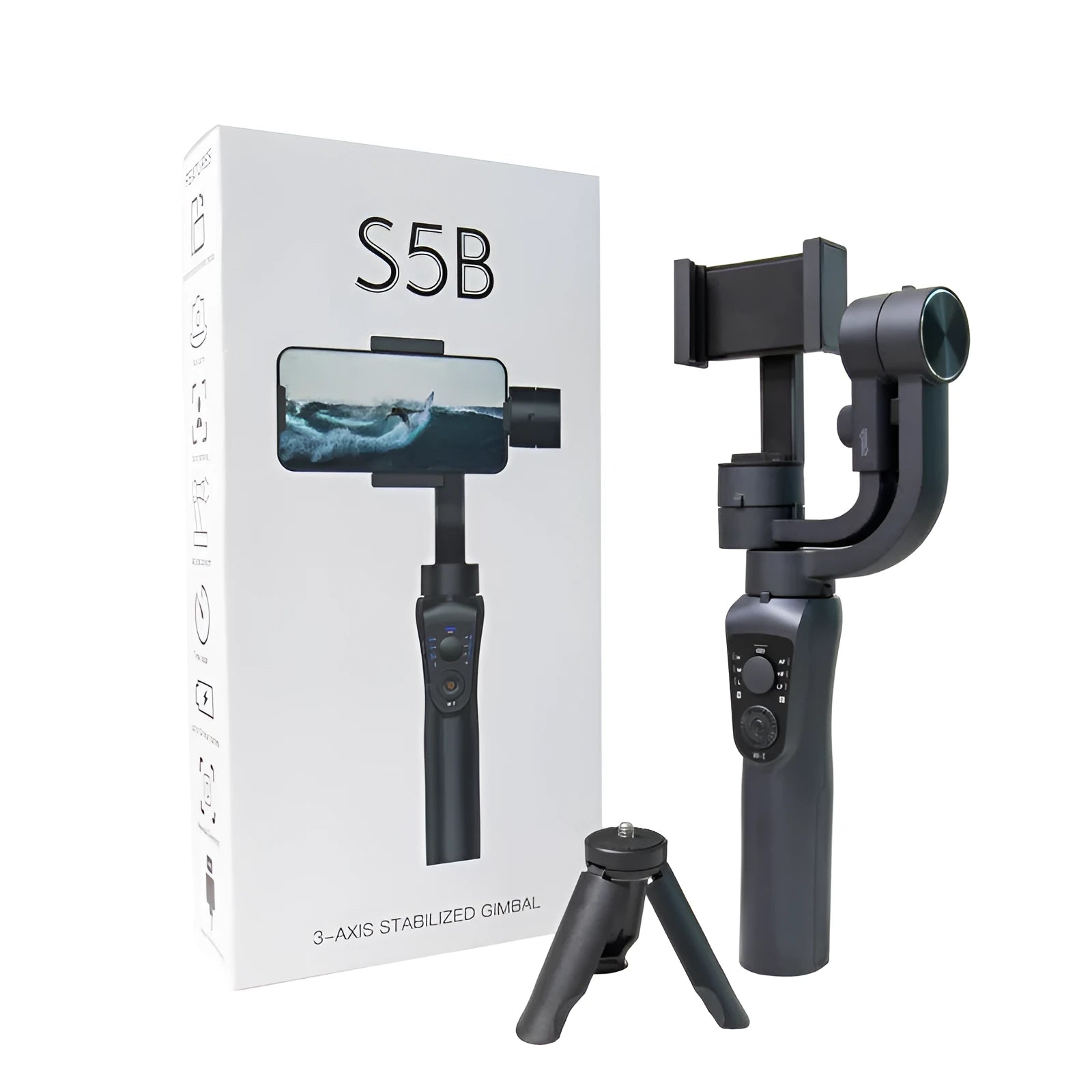 Black three-axis handheld gimbal stabilizer for mobile phones showing PTZ unit and handle
