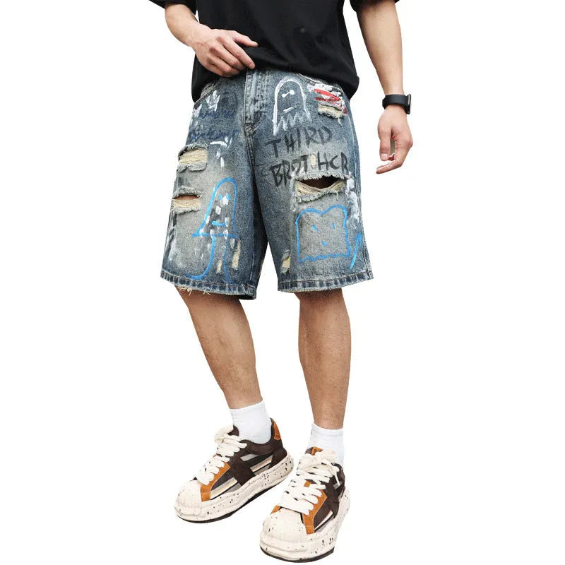 Blue ripped men's denim jeans shorts with graffiti patterns and straight-leg style
