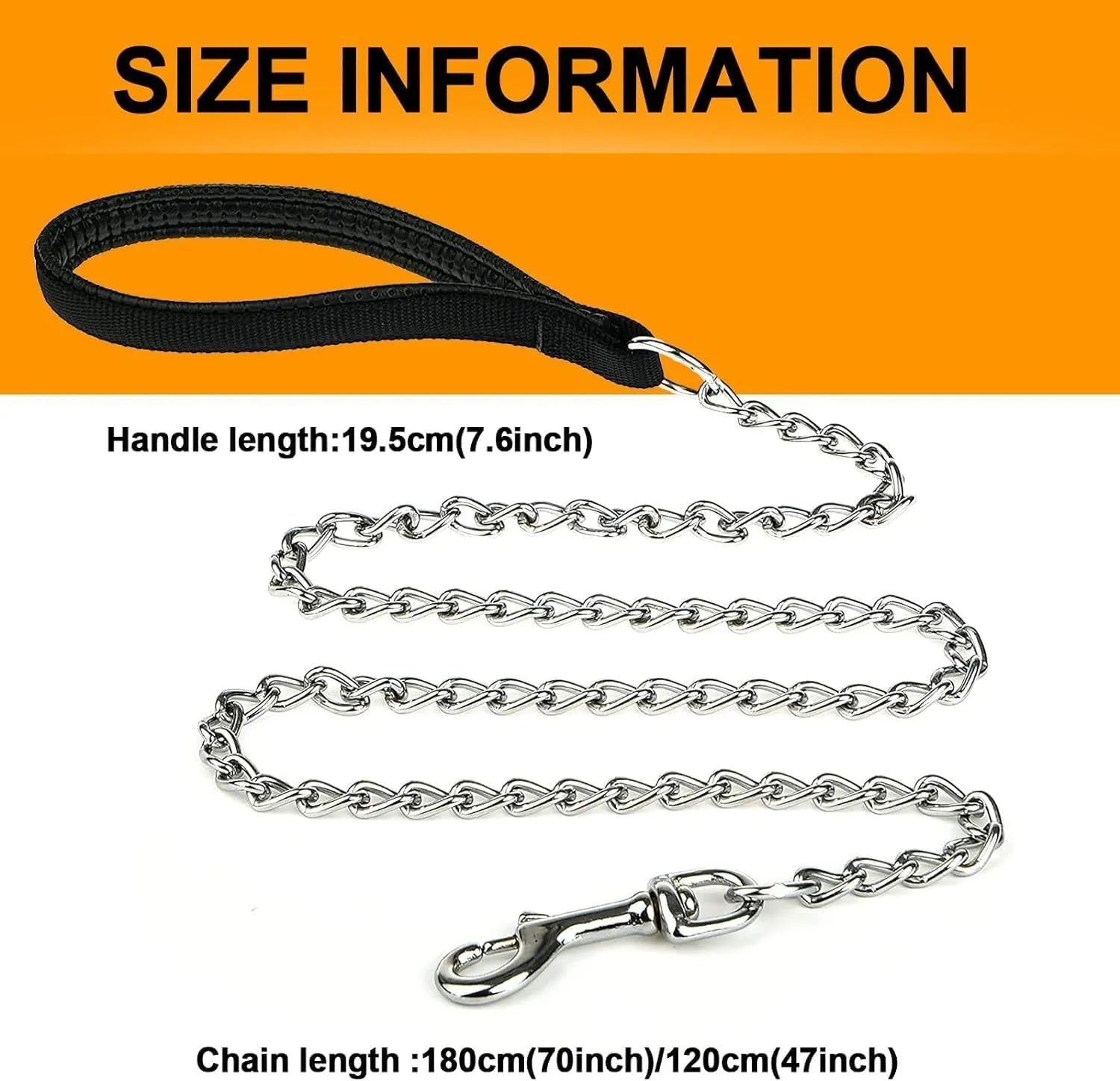 Heavy-duty black metal chain dog leash with a soft blue padded handle, shown attached to a dog collar.