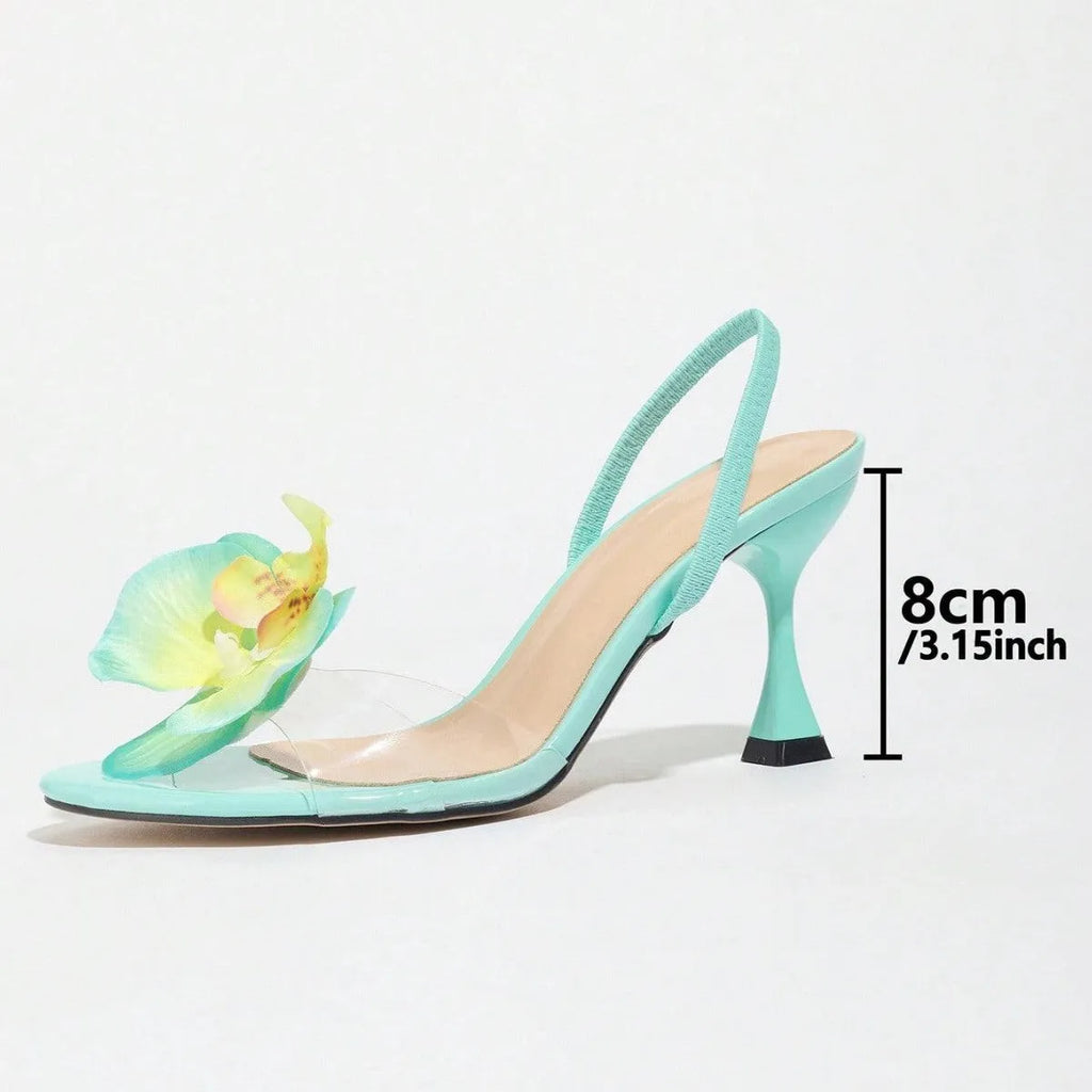 Women's round toe green blue artificial PU sandals with 3D flower back strap and over 8cm stiletto heel