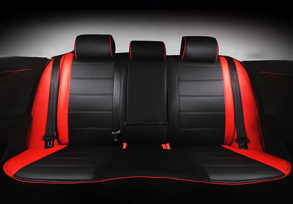 Cow leather car seat cover in beige and black with red line colour options on a car seat
